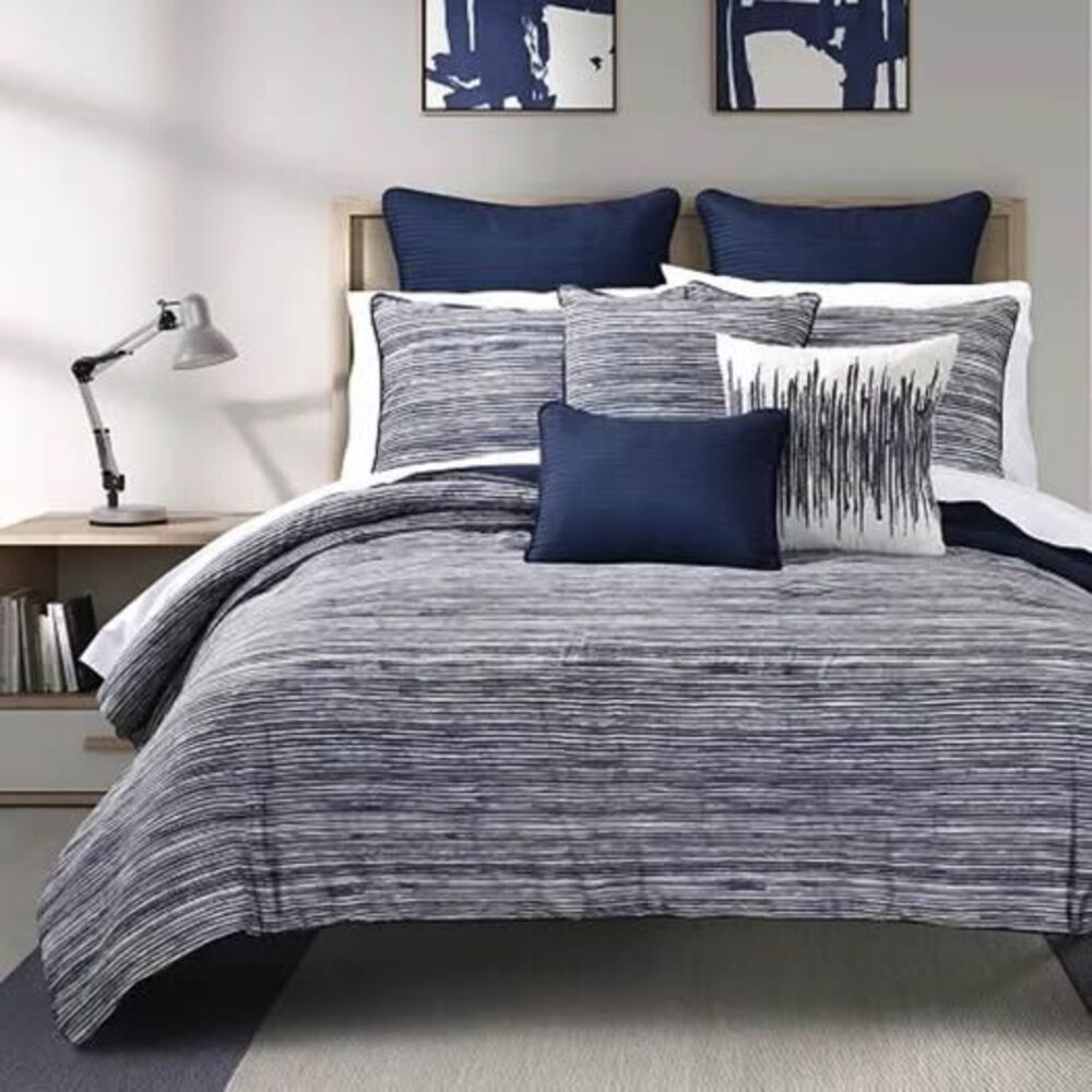4 Pieces KING Comforter Set Indigo Blue Striped Reversible NEW